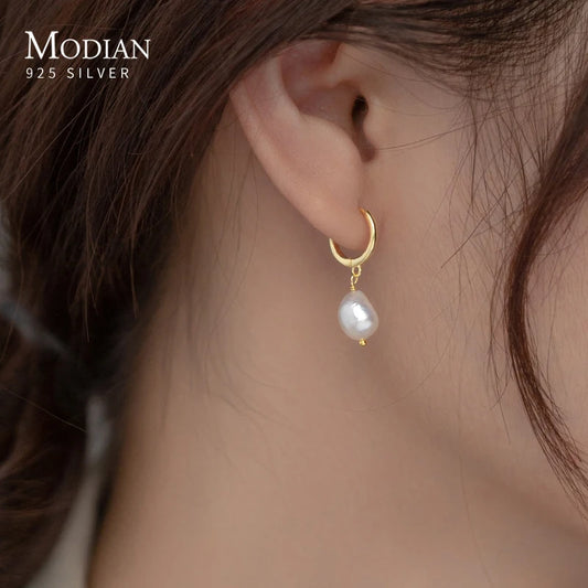 Pendientes de aro Modian de plata de ley 925 con perlas barrocas para mujer, modernos y brillantes, joyería fina, regalo de lujo.