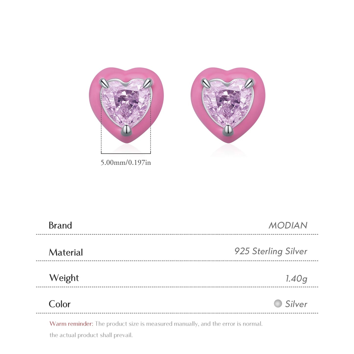 MODIAN 925 Sterling Silver Luxury Cute Pink Enamel Heart Crushed Ice Cut Zircon Romantic Stud Earrings For Women Fine Jewelry