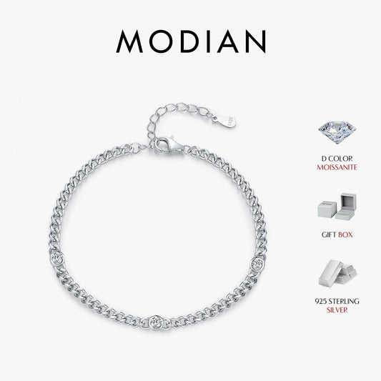 Pulsera trenzada de moissanita redonda de color D chapada en oro blanco MODIAN, plata de ley 925 VVS1, delicada joyería ajustable, regalos