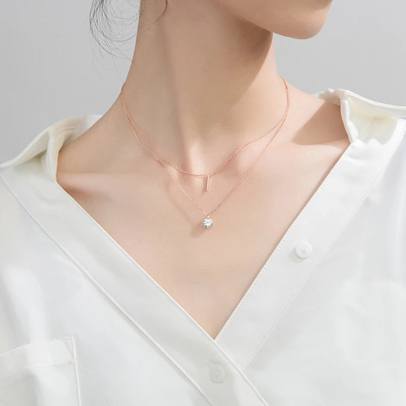 Modian New 925 Sterling Sliver Dazzling Zircon Geometric Double Chain Pendant for Women Adjustable Necklace Fine Jewelry Bijoux