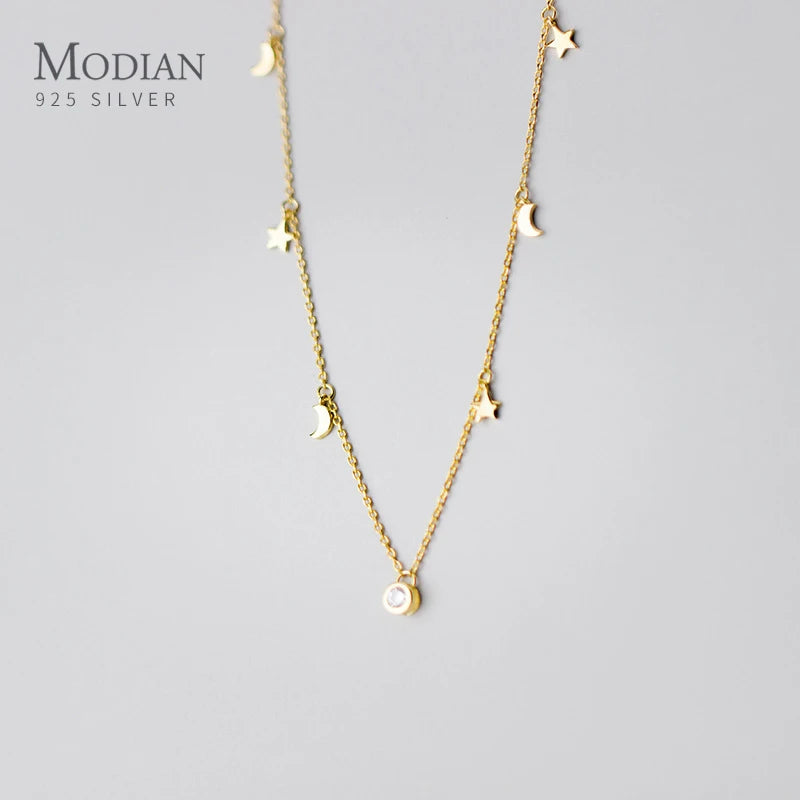 Modian 925 Sterling Silver Star And Moon Chain Sparkling Starry Link Chain Pendant Necklaces For Women Prevent Allergy Jewelry