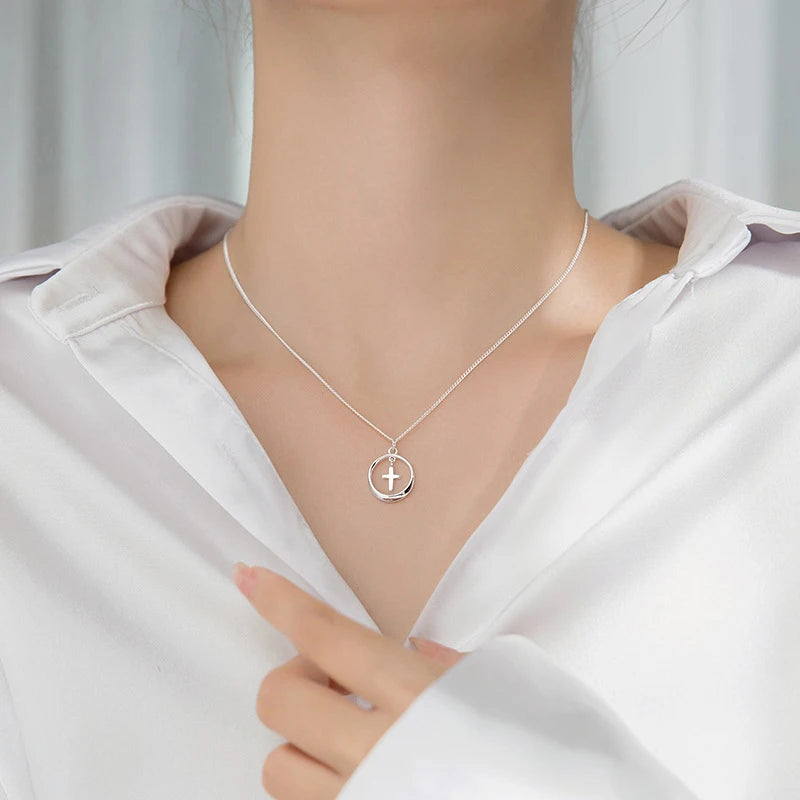 Modian New Fashion Mini Cross Geometric Round 925 Sterling Silver Pendant for Women Link Chain Adjustable Necklace Fine Jewelry