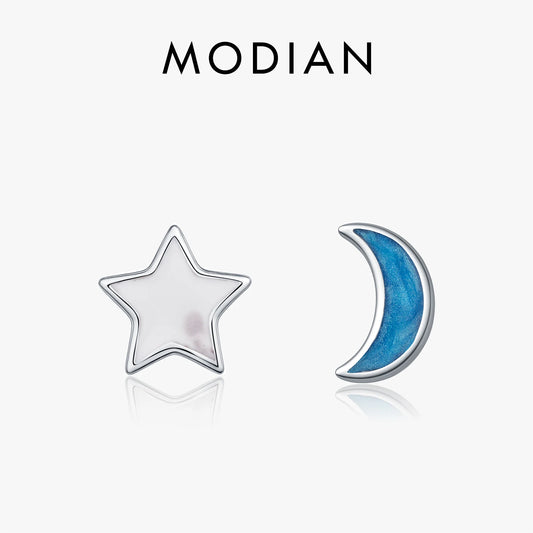 Pendientes MODIAN de plata de ley 925 con diseño de luna y estrella asimétricos, delicados y bonitos, con esmalte azul, para mujer, joyería fina