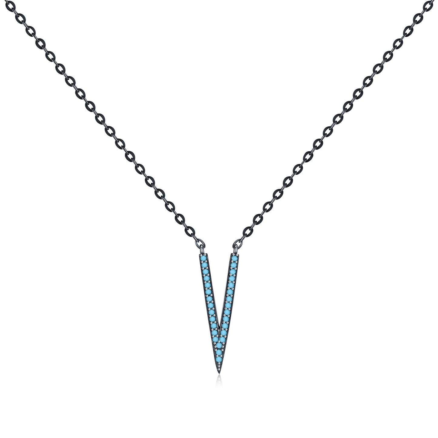 MODIAN 925 Sterling Silver V Shape Synthetic Turquoise Pendant Necklace Punk Black Sytle Stackable Necklace For Women Jewelry