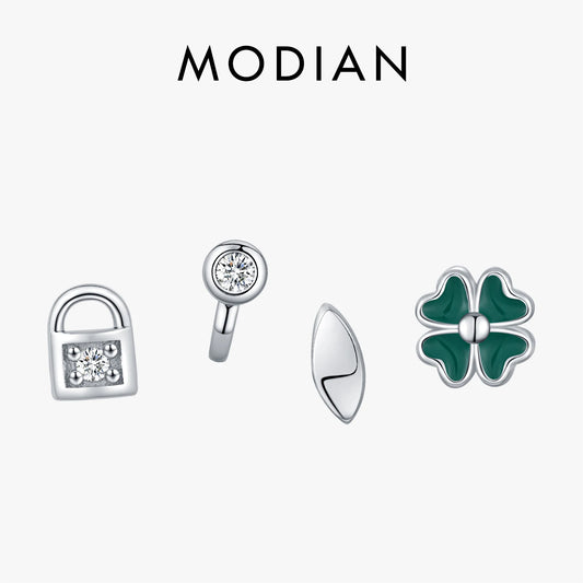 MODIAN 4PCS Tiny Earrings 925 Sterling Silver Lock & Key And Four Leaf Clover Fashion Stackable Stud Earrings For Women Jewelry