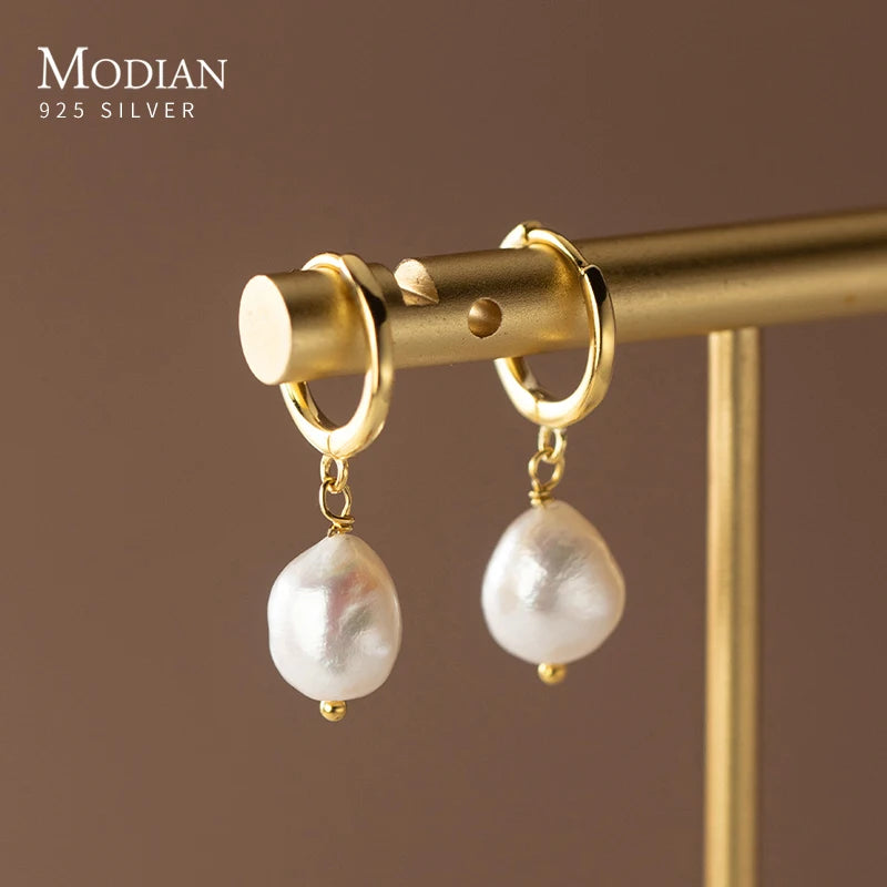 Pendientes de aro Modian de plata de ley 925 con perlas barrocas para mujer, modernos y brillantes, joyería fina, regalo de lujo.