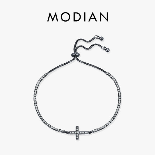 MODIAN 925 Sterling Silver Adjustable Zirconia Bracelet Unisex Black Cross Tennis Bracelets Trendy Fine Jewelry For Women