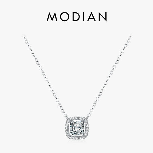 Modian Real 925 Sterling Silver Exquisite Square Shiny Zirconia Pendant Clear CZ Chain Necklace for Women Wedding Fine Jewelry