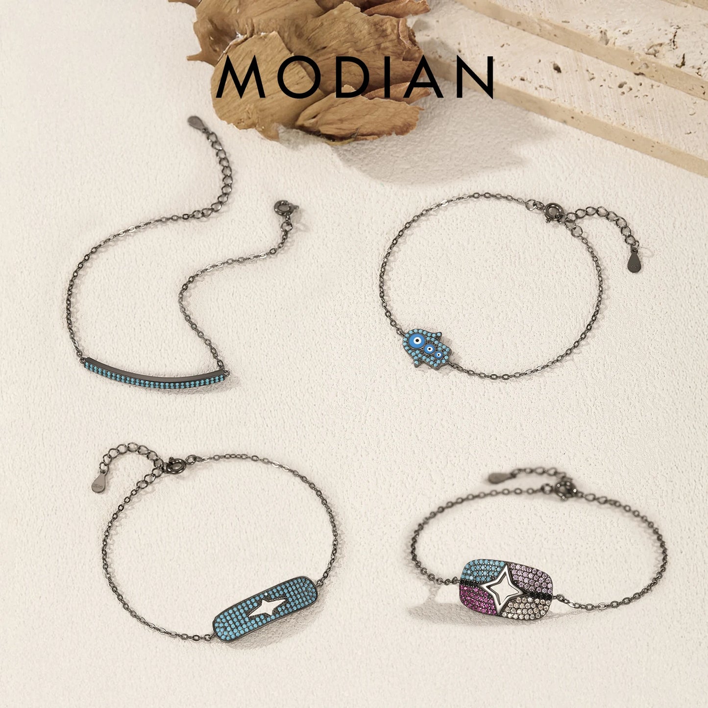 MODIAN 925 Sterling Silver Retro Synthetic Turquoise Geometric CZ Stars Palm Link Chain Bracelet For Women Punk Fine Jewelry