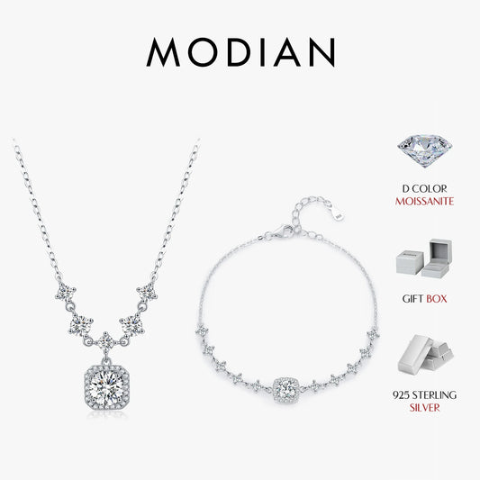 Collar y pulsera con dije geométrico de lujo de plata de ley 925 de moissanita color D de MODIAN para mujer, conjunto de joyas de boda con estilo