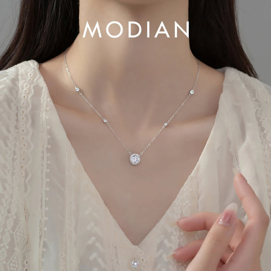 Collares MODIAN de plata de ley 925 con colgante de circonita cúbica redonda brillante de lujo, cadena de eslabones para boda, joyería fina para mujer, regalos.