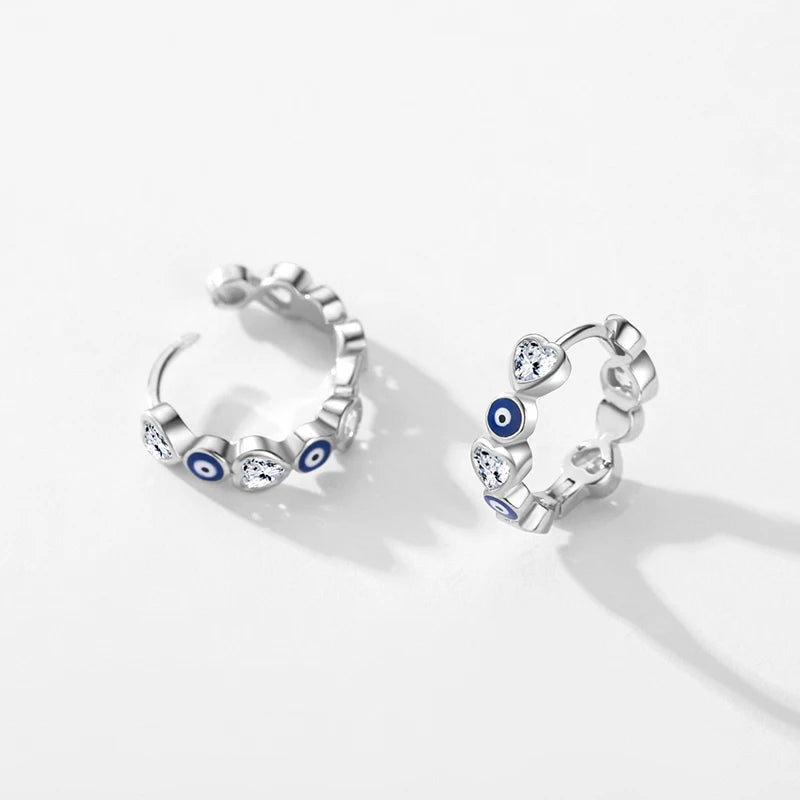 Modian 925 Sterling Silver Blue Enamel Eyes Charm Hoop Earrings Fashion Party Hearts Zircon Ear Buckle For Women Fine Jewelry