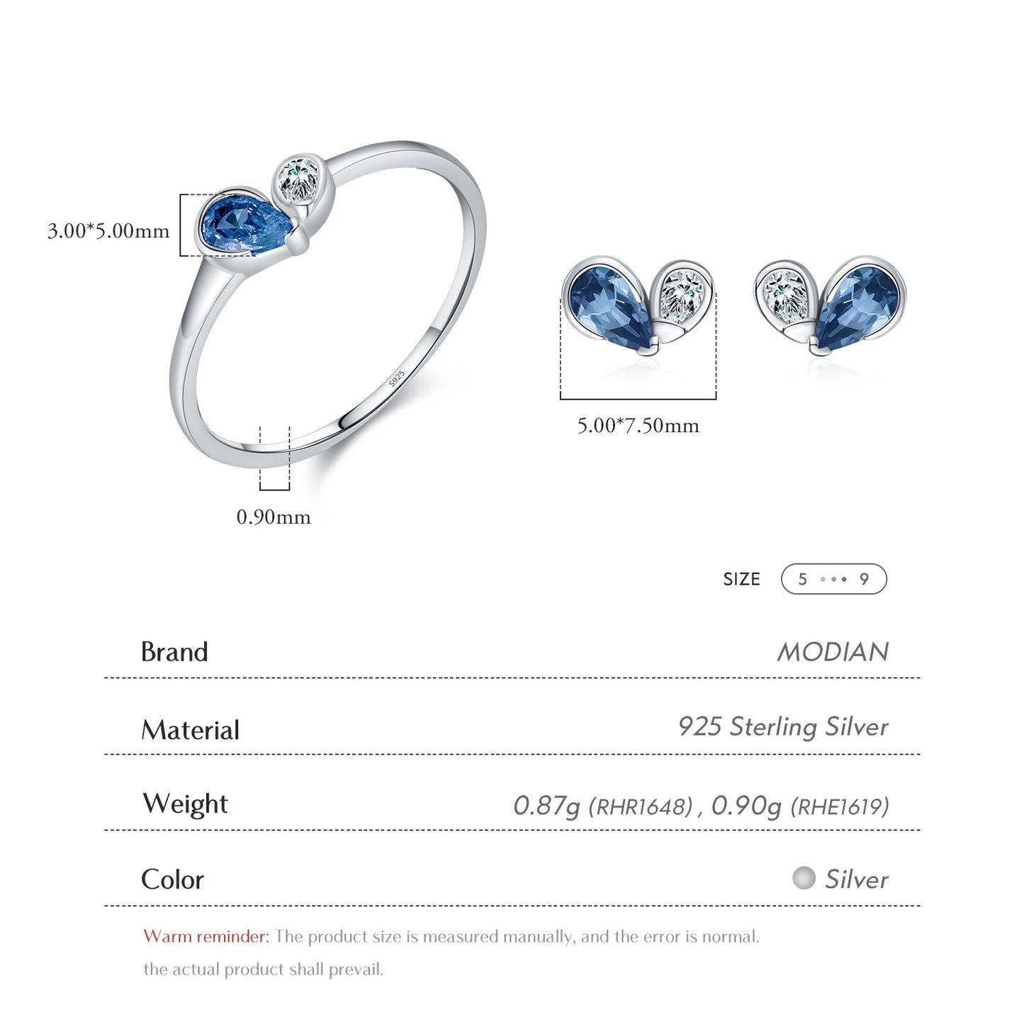Conjunto de joyas MODIAN de plata de ley 925 con pequeños corazones románticos de circonita azul y rosa para mujer, anillos y pendientes de moda.