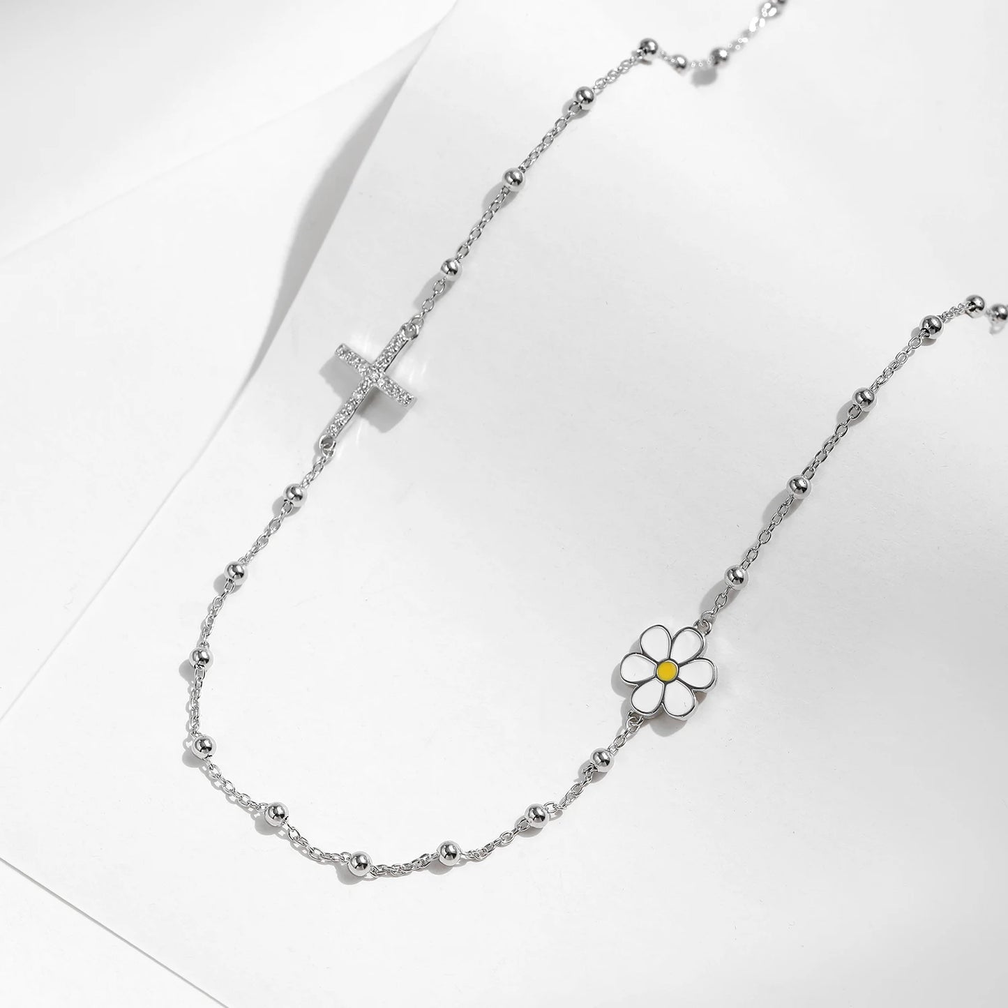 MODIAN 925 Sterling Silver Classic Daisy & Cross Dazzling Choker Pendant Necklace Dainty Beads Link Chain For Women Jewelry