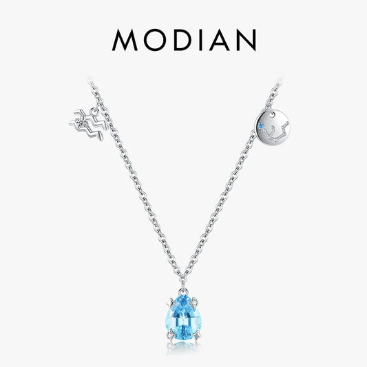 Collar Modian de plata de ley 925 auténtica con circonita azul marino y cadena de eslabones de la constelación de Acuario para mujer, joyería de fiesta.