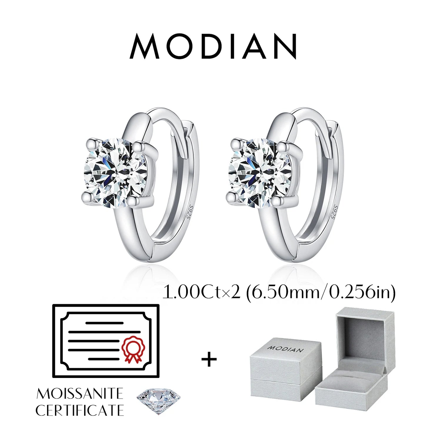 Pendientes de aro redondos clásicos MODIAN de moissanita de color D de 1CT/2CT con hebilla para mujer en plata de ley 925, joyería fina para bodas.