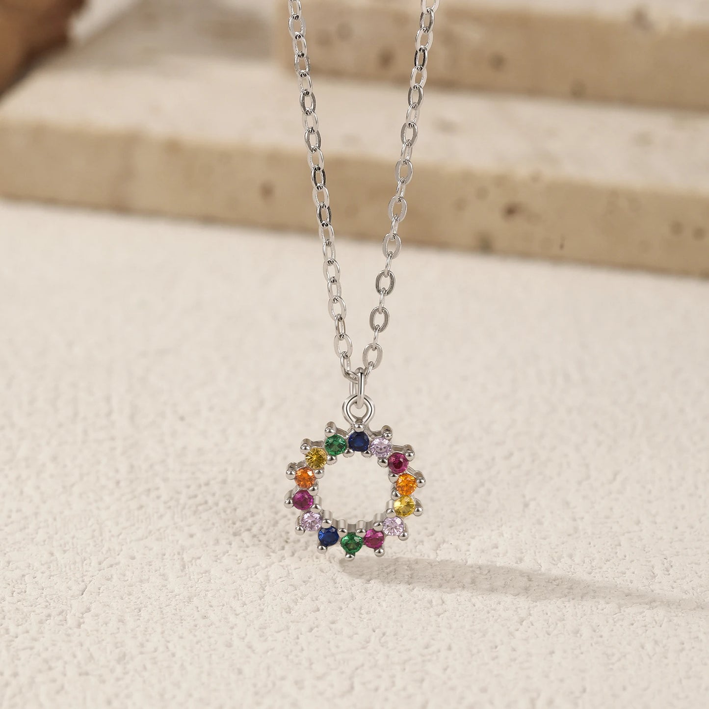 MODIAN 925 Sterling Silver Sparkling Round CZ Necklace Rainbow Color Sun Pendant Necklaces For Women Daily Fine Jewelry