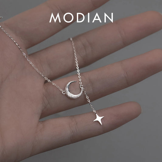 Collar con colgante de luna y estrella de MODIAN en plata de ley 925 para mujer, gargantilla sencilla con cadena de estrellas chapada en platino, regalo de joyería