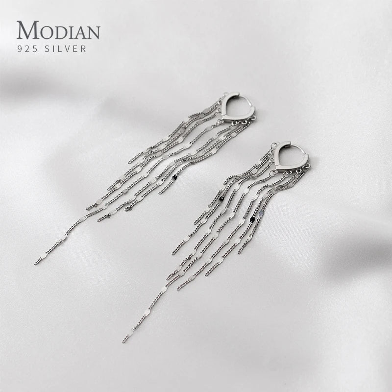 Modian Real 925 Sterling Silver Long Tassel Sparkling Trendy Drop Earrings for Women Dangle Earrings Fine Jewelry Wedding Gift