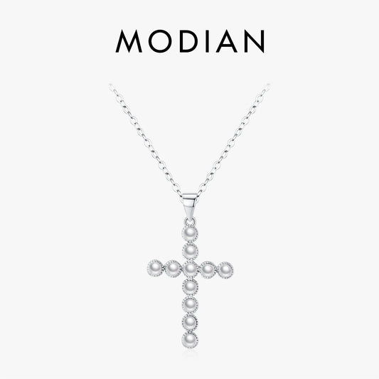 MODIAN 925 Sterling Silver Fancy Elegant Simulated Pearls Cross Pendant Necklace For Women Anniversary Fine Jewelry Gifts