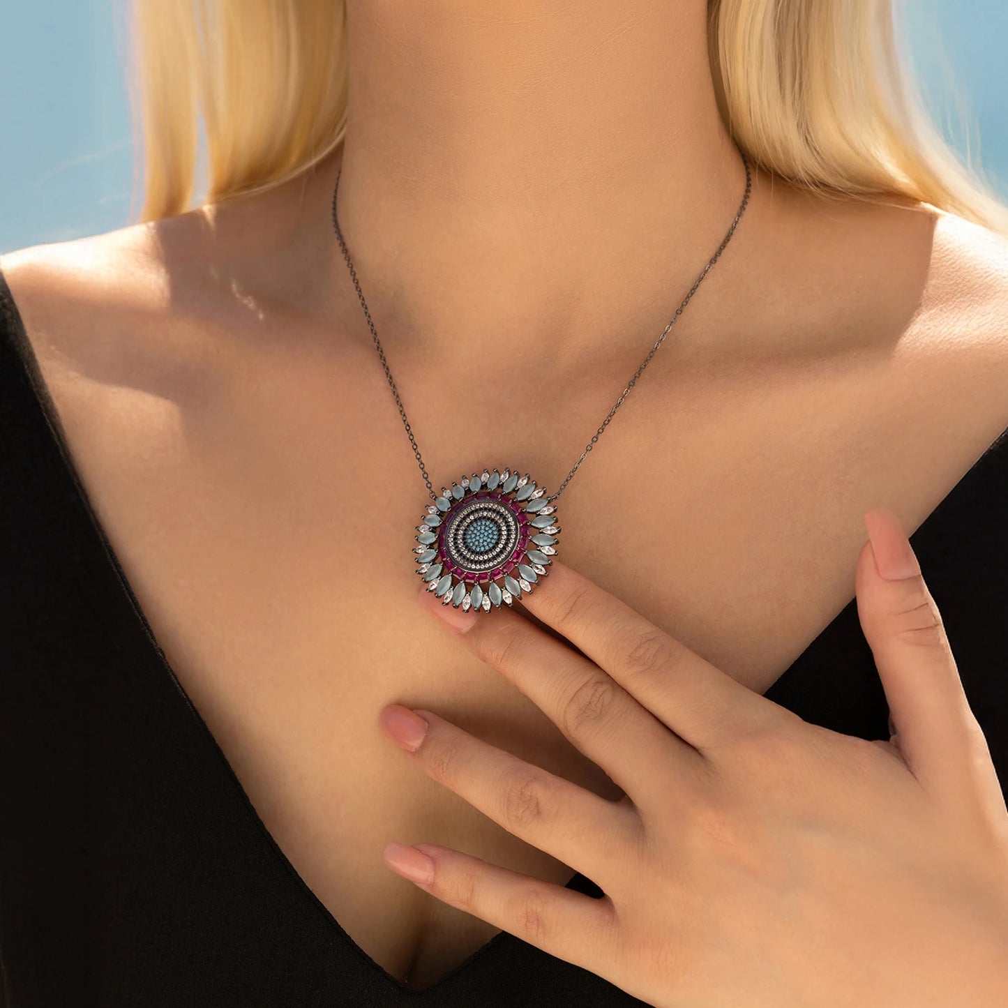 MODIAN 925 Sterling Silver Luxury Round Colorful Big Pendant Necklace Classic Black Mosaic Style Jewelry For Women Gifts
