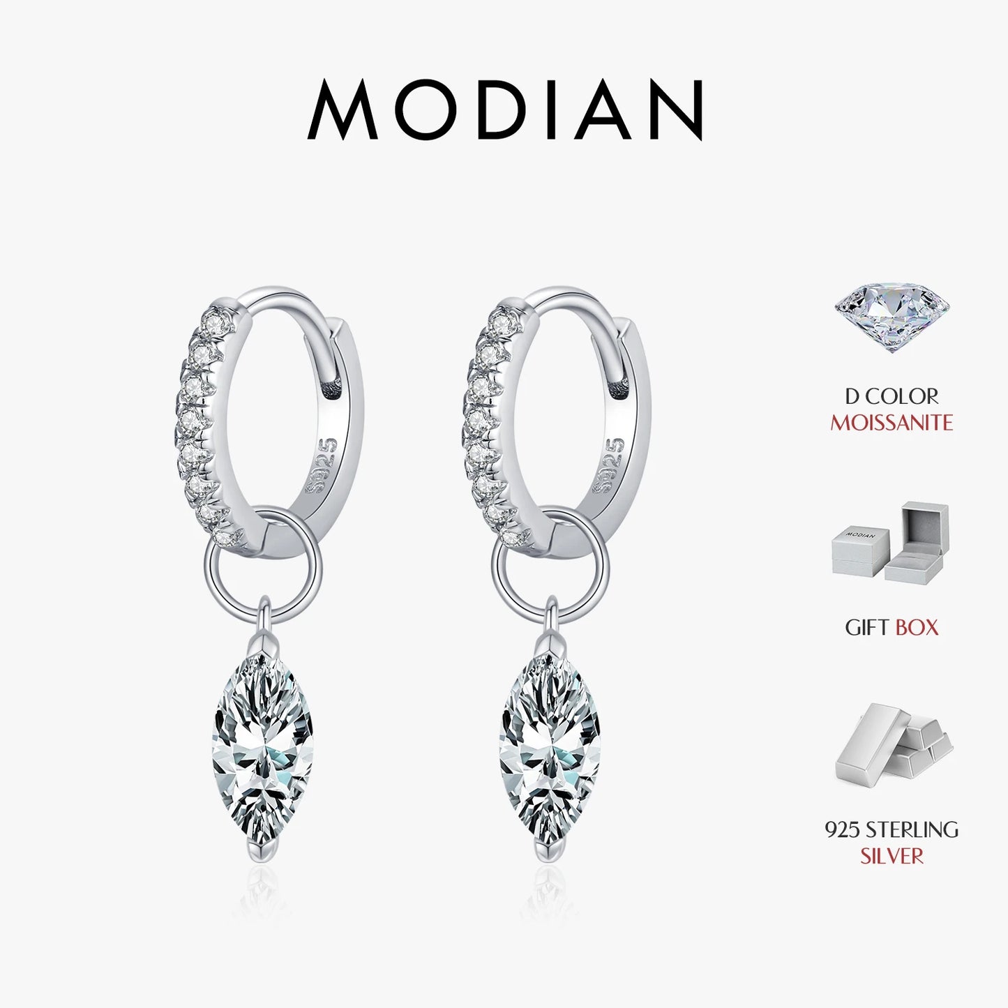 MODIAN 0.5Ct D Color Rhombic Moissanite Ear Buckles 925 Sterling Silver Luxury Shiny Hoop Earrings for Women Wedding Jewelry