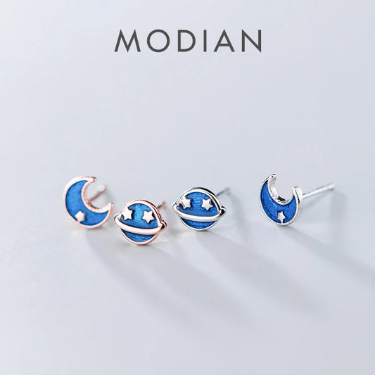 Pendientes de plata de ley 925 con diseño de estrella y luna esmaltados de Modian, con diseño de galaxia azul y planeta, para mujer, ideal como joyería de fiesta o para bodas.