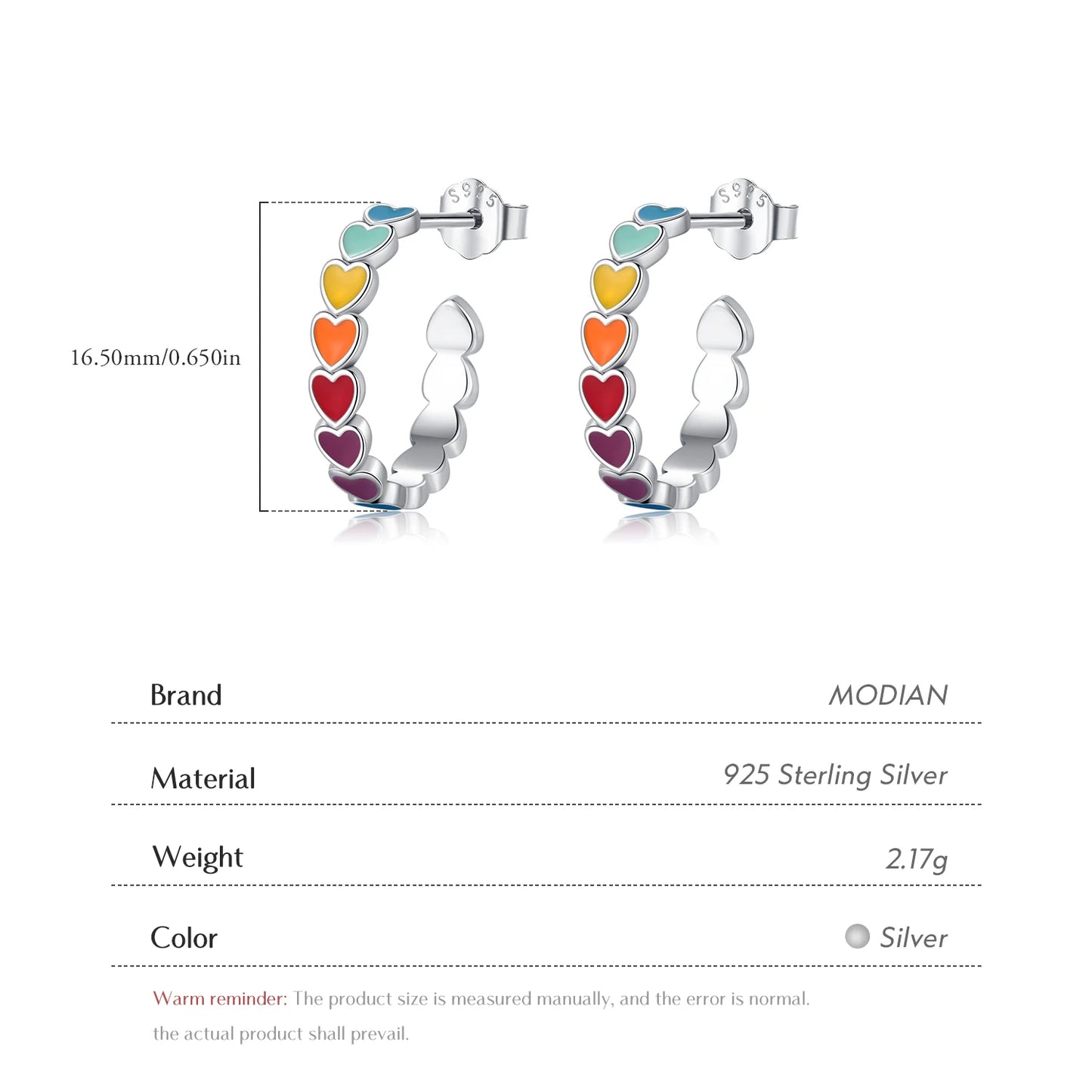 Pendientes MODIAN de plata de ley 925 con forma de C y corazones esmaltados de colores, joyería romántica y dulce para mujeres y niñas.