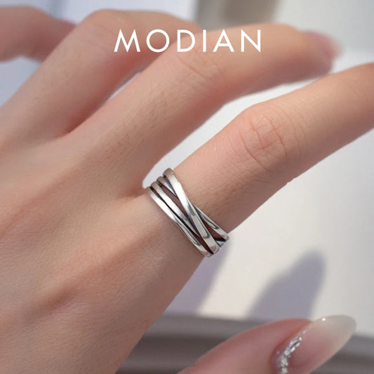 Anillos de dedo ajustables MODIAN de plata de ley 925 pura con diseño multicapa y diseño moderno para mujer, joyería