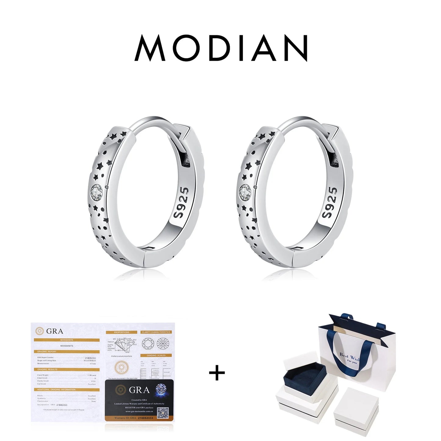 MODIAN D Color Moissanite Ear Buckles 925 Sterling Silver Sparkle Retro Hollow Stars Hoop Earrings For Women Fine Jewelry