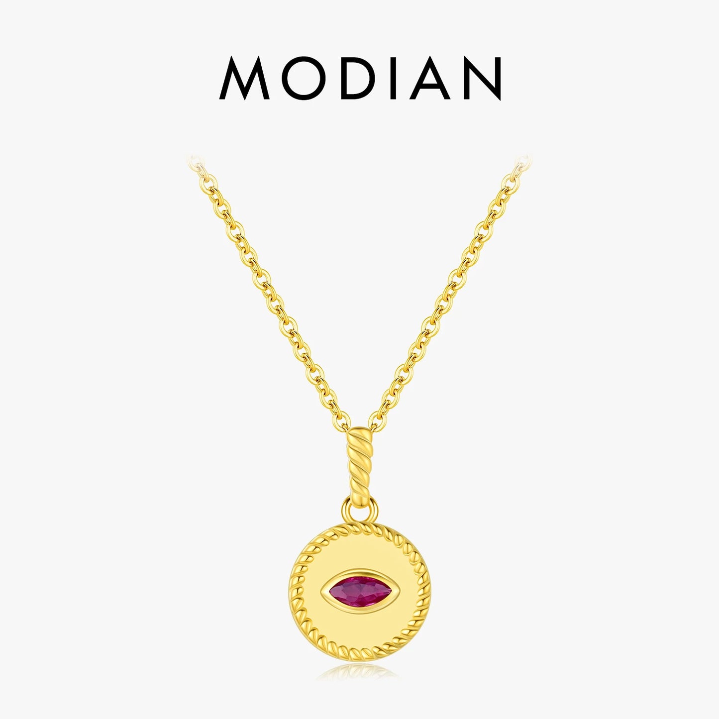 MODIAN 925 Sterling Silver Retro Frosted Pigeon Blood Red Pattern CZ Link Chain Pendant Necklace For Women Fine Jewelry Gift