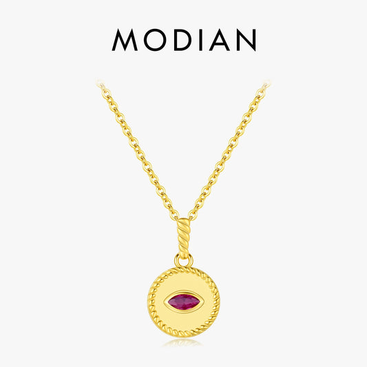 MODIAN 925 Sterling Silver Retro Frosted Pigeon Blood Red Pattern CZ Link Chain Pendant Necklace For Women Fine Jewelry Gift