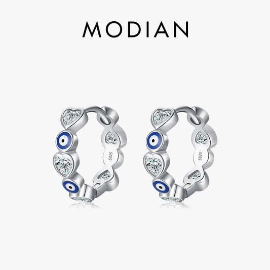 Modian 925 Sterling Silver Blue Enamel Eyes Charm Hoop Earrings Fashion Party Hearts Zircon Ear Buckle For Women Fine Jewelry