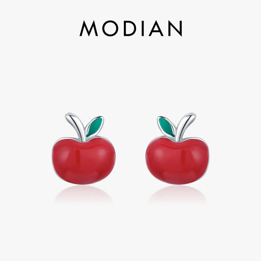 MODIAN 925 Sterling Silver Exquisite Cute Red Enamel Apple Small Stud Earrings For Women Party Fine Jewelry Christmas Gifts