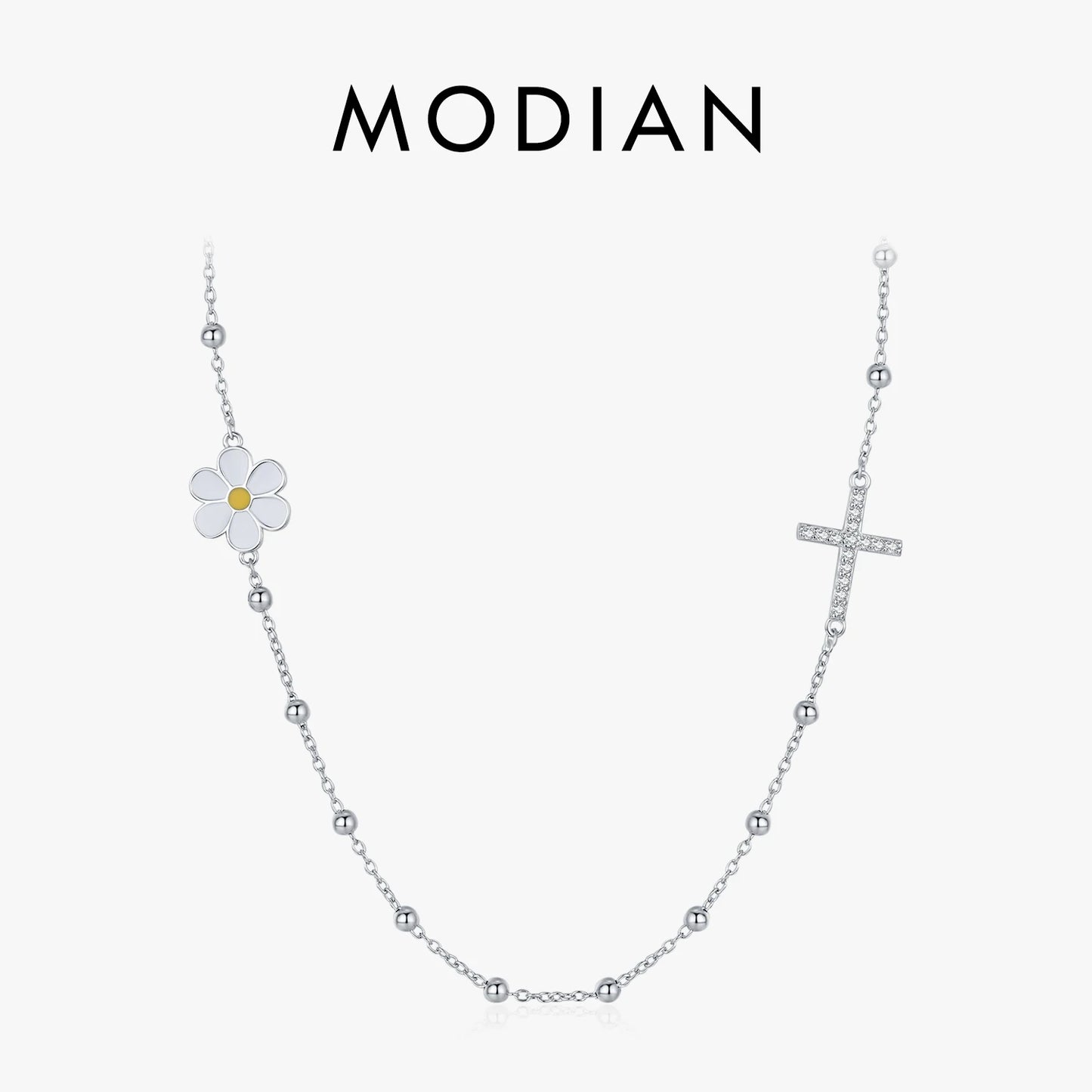 MODIAN 925 Sterling Silver Classic Daisy & Cross Dazzling Choker Pendant Necklace Dainty Beads Link Chain For Women Jewelry