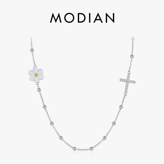 MODIAN 925 Sterling Silver Classic Daisy & Cross Dazzling Choker Pendant Necklace Dainty Beads Link Chain For Women Jewelry