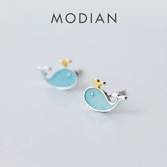 Pendientes Modian con forma de delfín esmaltado para mujer, de plata de ley 925, con forma de ballena, estilo coreano.