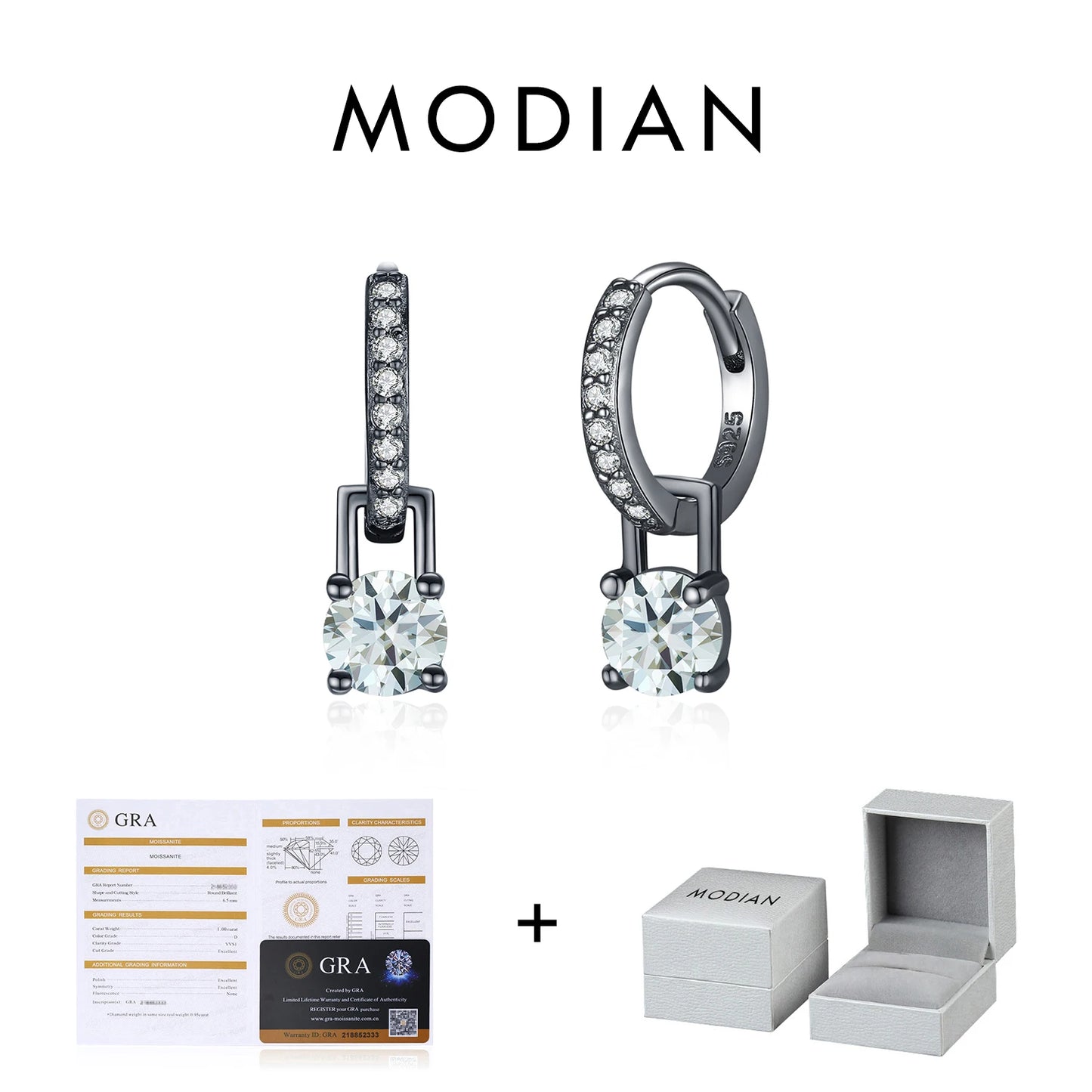 MODIAN 0.5Ct D Color Light Green Moissanite Swing Hoop Earrings 925 Sterling Silver Black Punk Ear Buckles for Women Jewelry