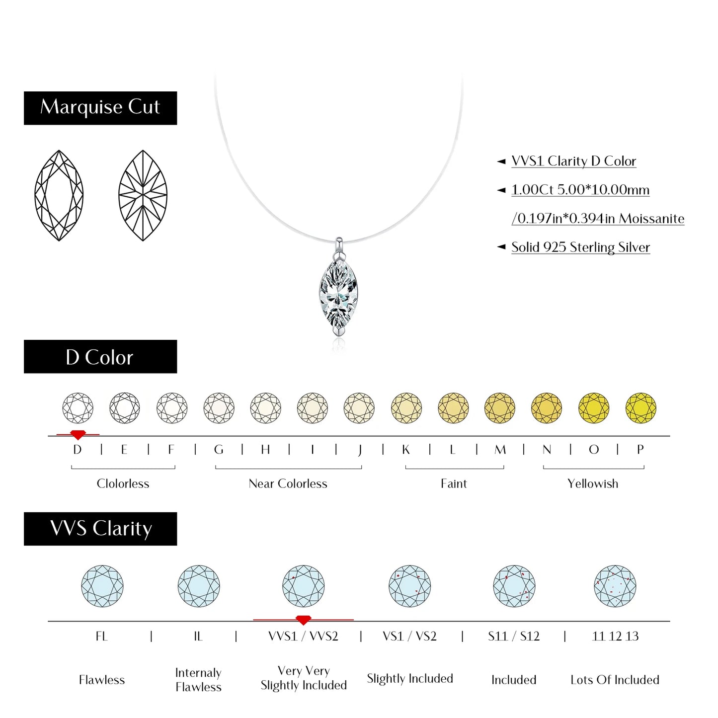 MODIAN Marquise Cut D Color Moissanite Choker Necklaces 925 Sterling Silver Fashion Pendant Necklace For Women Fine Jewelry Gift