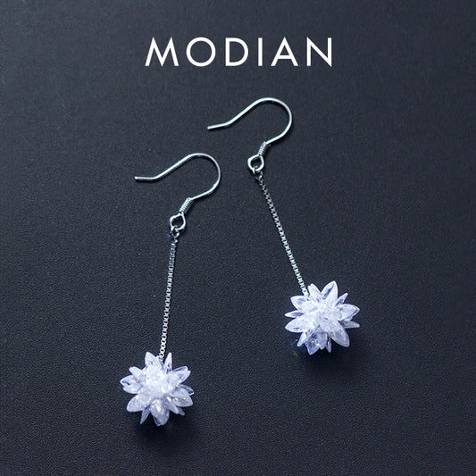 Modian Genuine 100% 925 Sterling Silver Long Chain Snowflake Crystal Drop Earrings Fashion Dangle Ear For Women Charm Jewelry