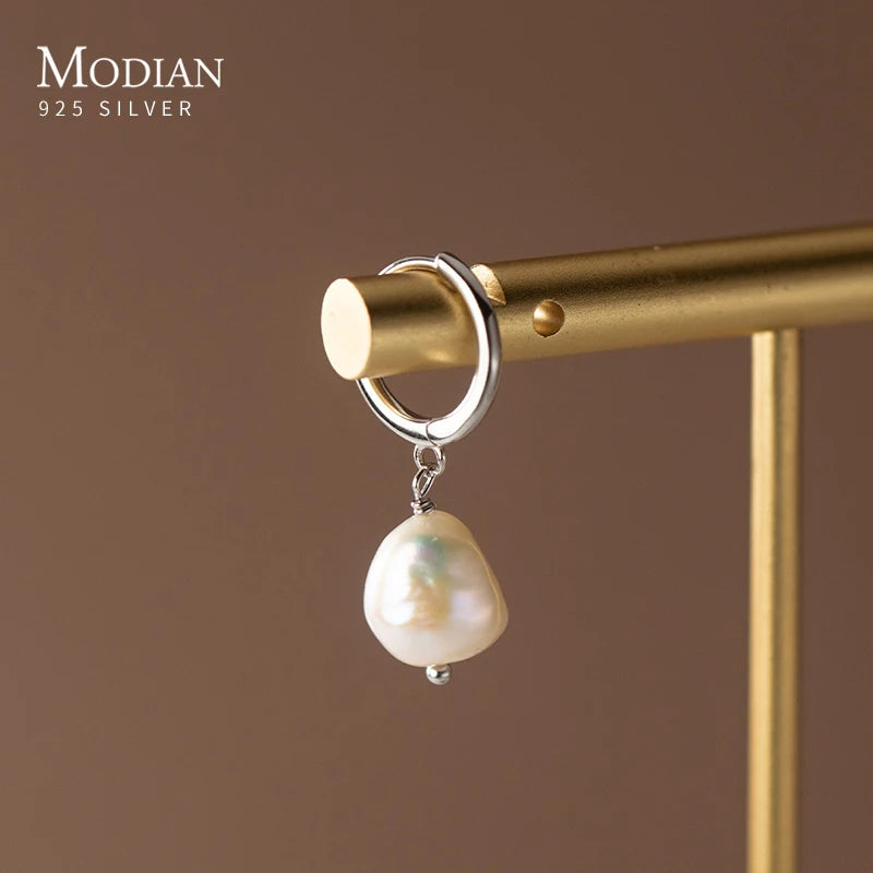Pendientes de aro Modian de plata de ley 925 con perlas barrocas para mujer, modernos y brillantes, joyería fina, regalo de lujo.
