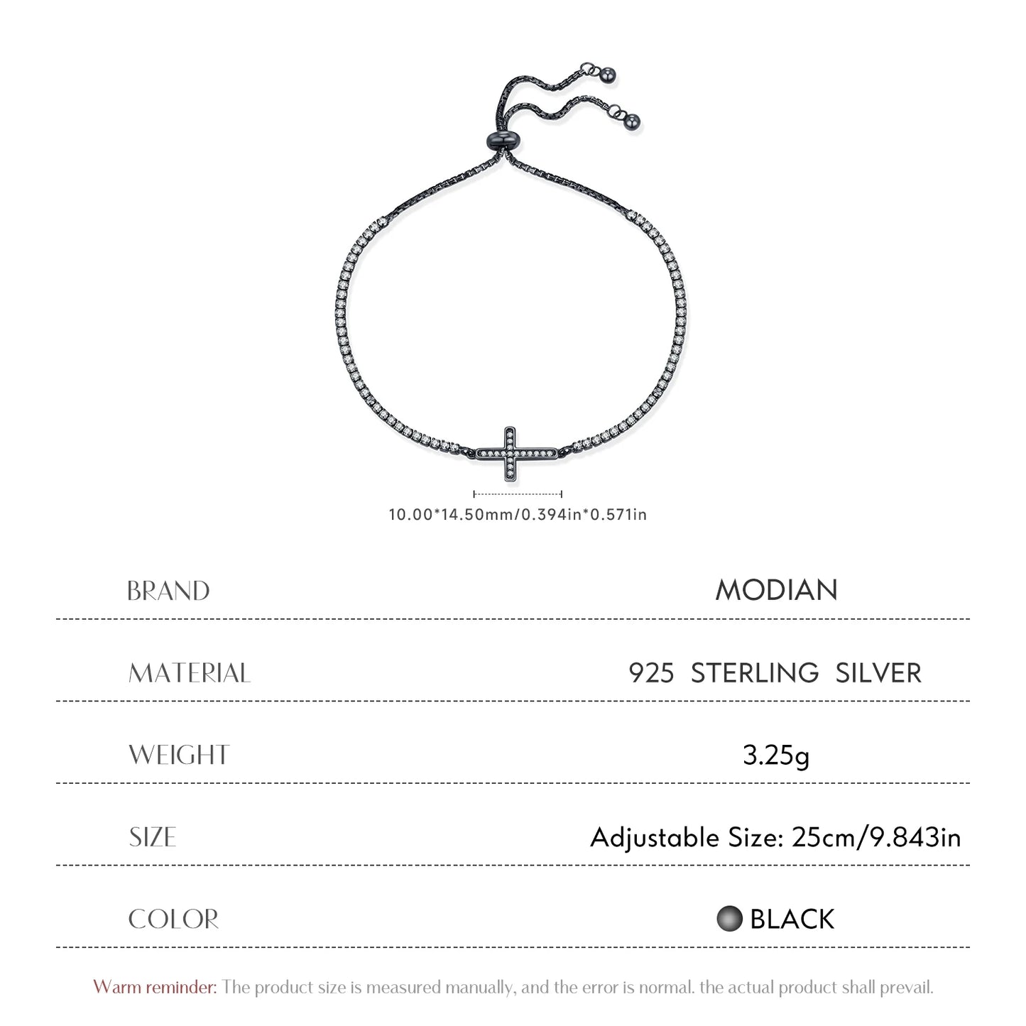 MODIAN 925 Sterling Silver Adjustable Zirconia Bracelet Unisex Black Cross Tennis Bracelets Trendy Fine Jewelry For Women