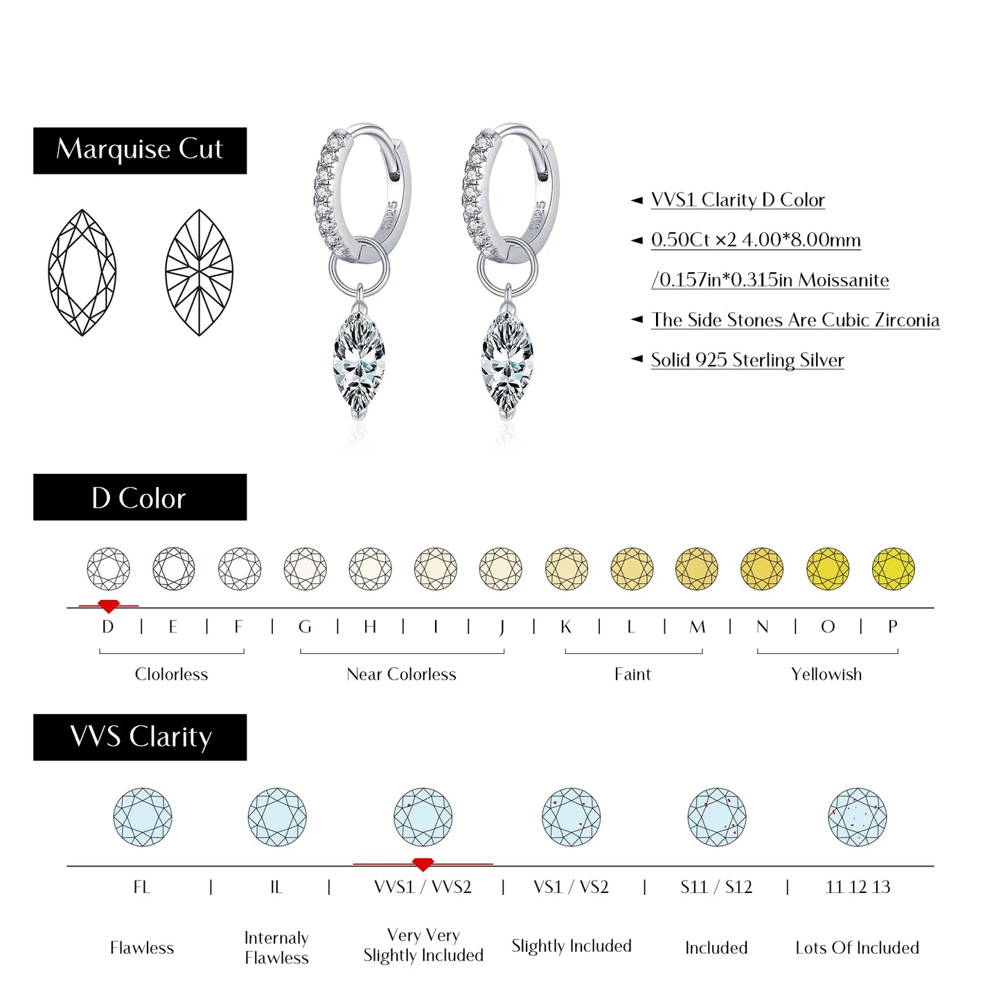 MODIAN 0.5Ct D Color Rhombic Moissanite Ear Buckles 925 Sterling Silver Luxury Shiny Hoop Earrings for Women Wedding Jewelry