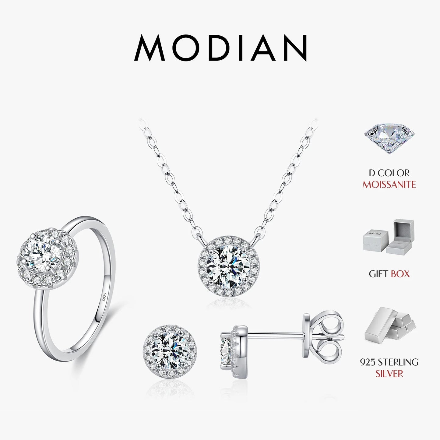 MODIAN Moissanite 925 Sterling Silver Fashion Luxury Round Necklace Stud Earrings Ring For Women Wedding Fine Jewelry