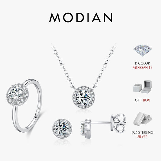 MODIAN Moissanite 925 Sterling Silver Fashion Luxury Round Necklace Stud Earrings Ring For Women Wedding Fine Jewelry
