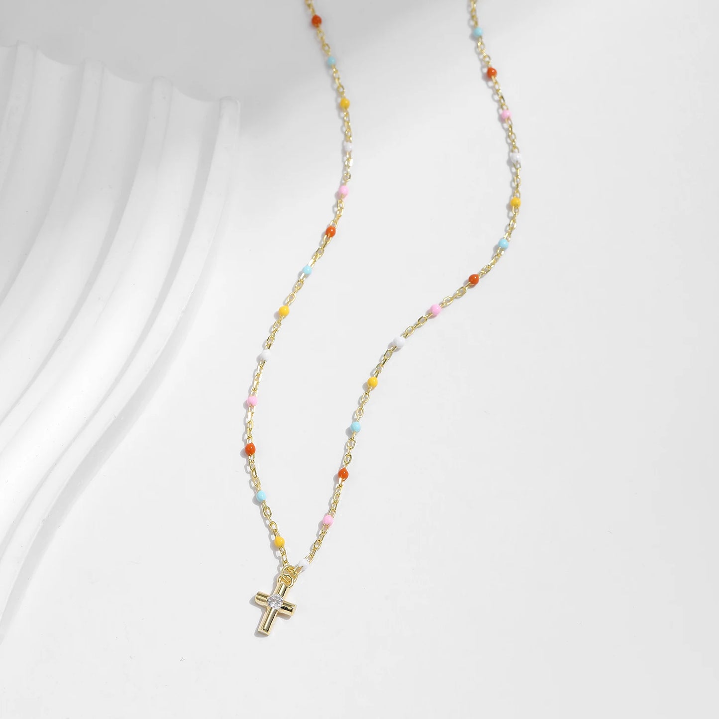 MODIAN 925 Sterling Silver Delicate Cross Pendant Necklace Colorful Enamel Beads Chain Necklace for Women Party Dainty Jewelry