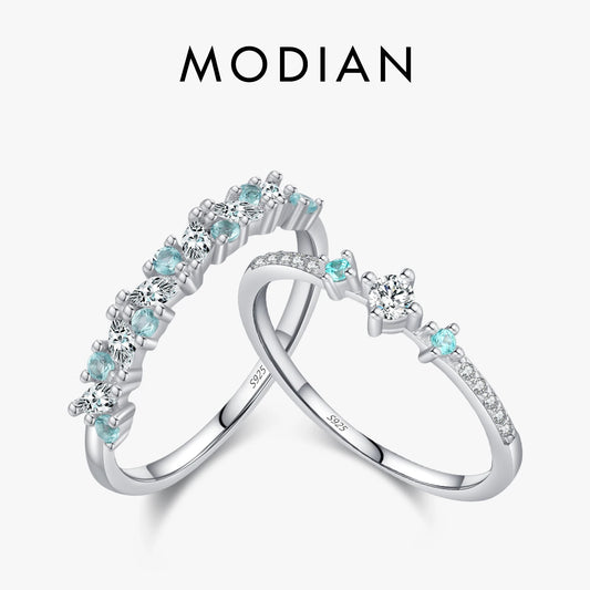 Anillo MODIAN de plata de ley 925 con circonita cúbica color Paraiba, apilable, color verde menta, para mujer, joyería fina