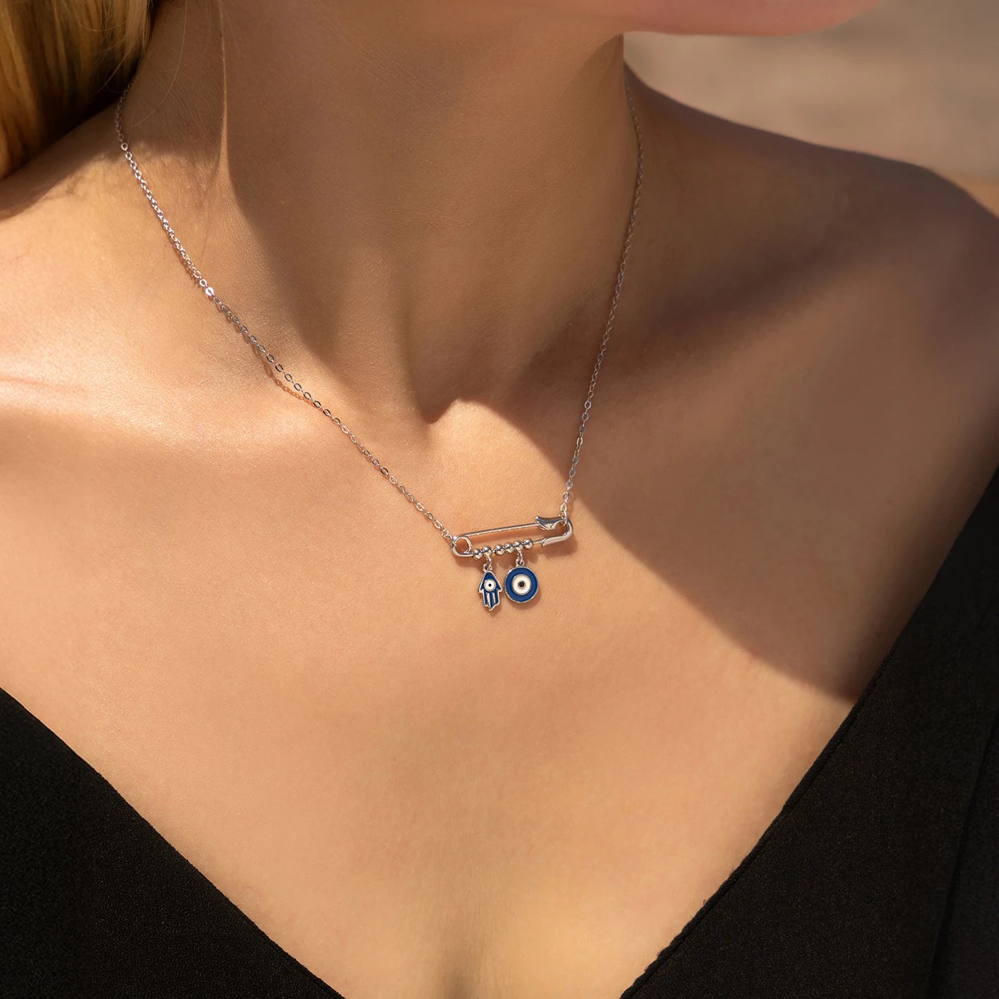 MODIAN 925 Sterling Silver Blue Enamel Eyes & Palm Charms Pendant Necklace Pin Beads Link Chian Necklaces For Women Jewelry Gift