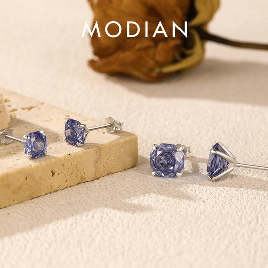 MODIAN 925 Sterling Silver Fashion Tanzanite Color Rose Cut Octagon CZ Stud Earrings For Women And Men Fine Jewelry