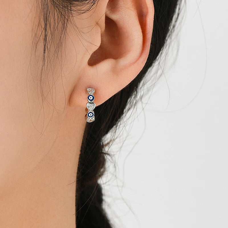 Modian 925 Sterling Silver Blue Enamel Eyes Charm Hoop Earrings Fashion Party Hearts Zircon Ear Buckle For Women Fine Jewelry
